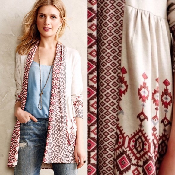 Anthropologie Sweaters - Anthro One September Cream Red Print Cardigan 263